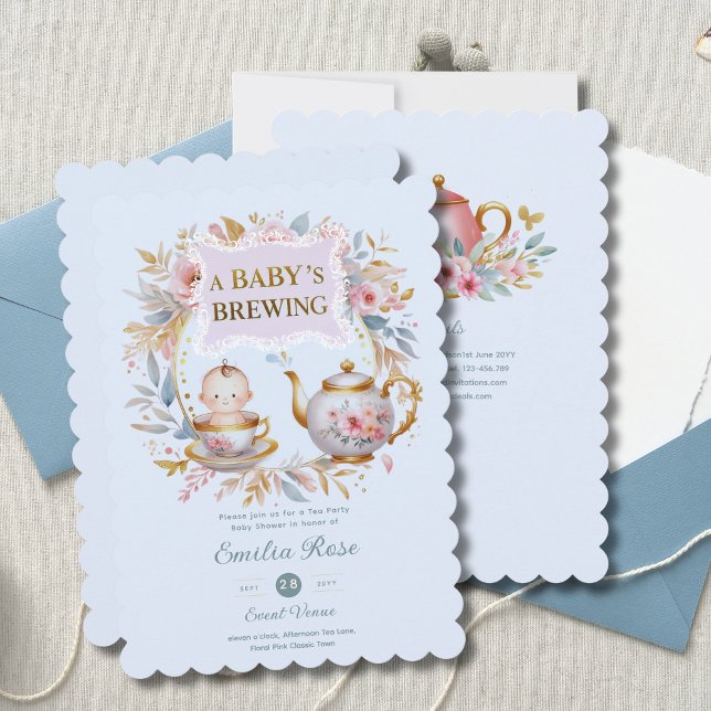 Blue Baby Brewing Tea Party Shower Floral Brunch Invitation (Creator Uploaded)
