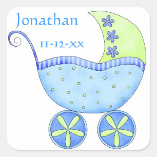 Blue Baby Buggy Boy Name Birth Date Announcement Square Sticker