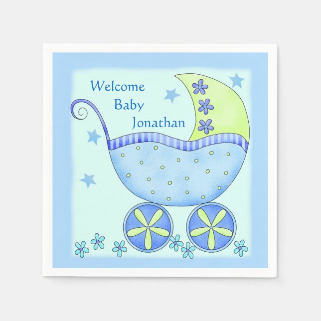 Blue Baby Buggy Boy Welcome Party Shower Napkin (Front)