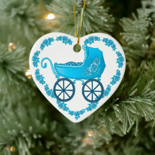 Blue Baby Buggy Heart Ceramic Ornament
