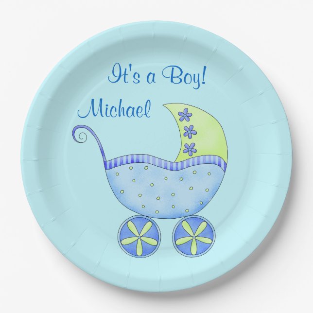 Blue Baby Buggy Its a Boy Name Personalised Paper Plate (Front)