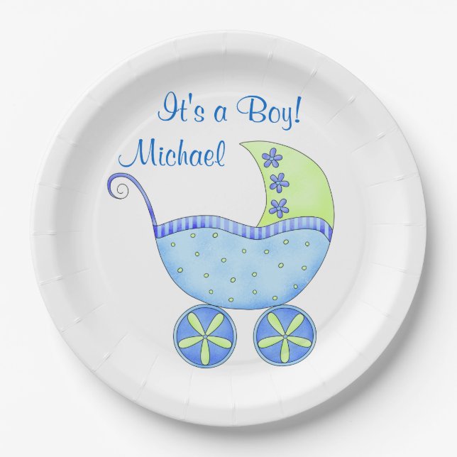 Blue Baby Buggy Its a Boy Name Personalised Paper Plate (Front)