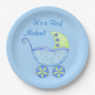 Blue Baby Buggy Its a Boy Name Personalised Paper Plate