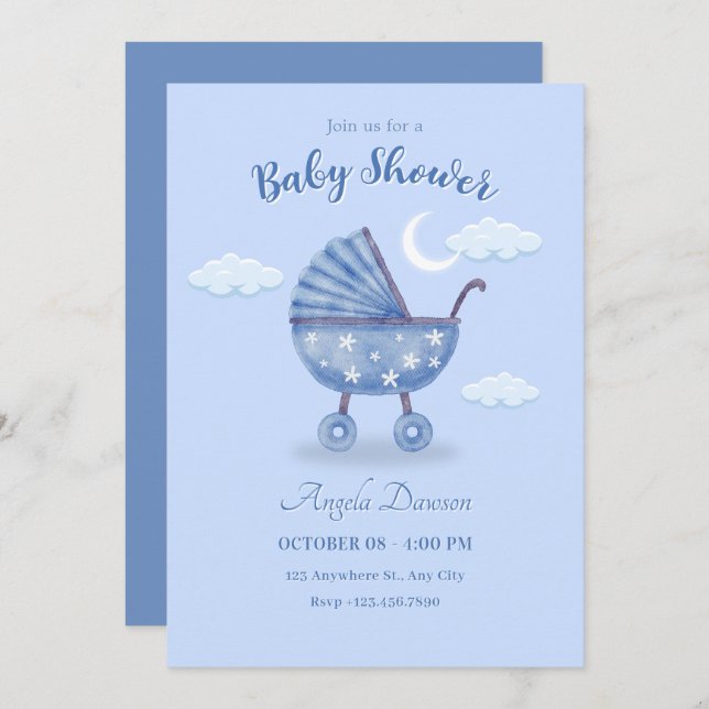 Blue baby carriage baby shower invitation (Front/Back)
