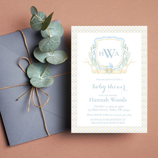 Blue Baby Carriage Monogram Baby Shower Invitation (Creator Uploaded)