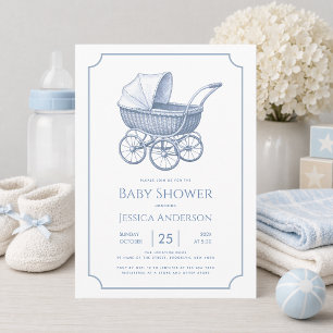 Blue Baby Carriage Pram Vintage Boy Baby Shower Invitation