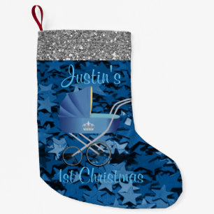 Blue Baby Carriage & Stars Silver Faux Glitter Small Christmas Stocking