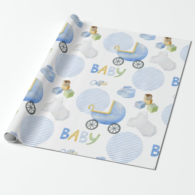 Blue Baby Carriage Watercolor Baby Shower Wrapping Paper (Unrolled)