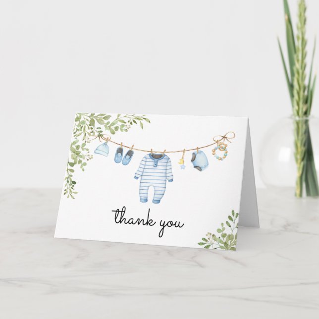 Blue Baby Clothes Baby Shower  Thank You Card (Front)