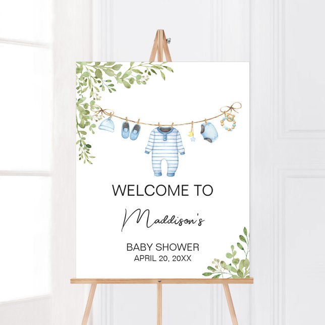 Blue Baby Clothes Baby Shower Welcome Poster (Boho Baby Clothes Baby Shower Welcome Sign)