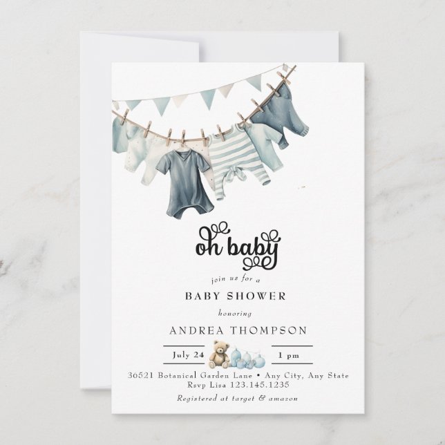 Blue Baby Clothes | Watercolor Baby Boy Shower Invitation (Front)