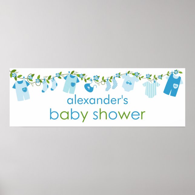 Blue Baby Clothesline Baby Shower Banner Poster (Front)