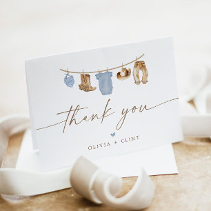 Blue Baby Clothesline Little Cowboy Baby Shower Thank You Card