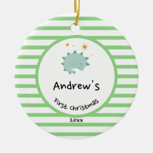 Blue Baby Dino   First Christmas Green Stripe Ceramic Ornament