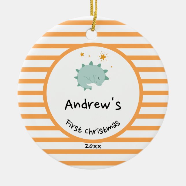 Blue Baby Dino | First Christmas Orange Stripe Ceramic Ornament (Front)