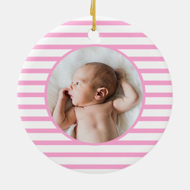 Blue Baby Dino | First Christmas Pink Stripe Chic Ceramic Ornament (Back)