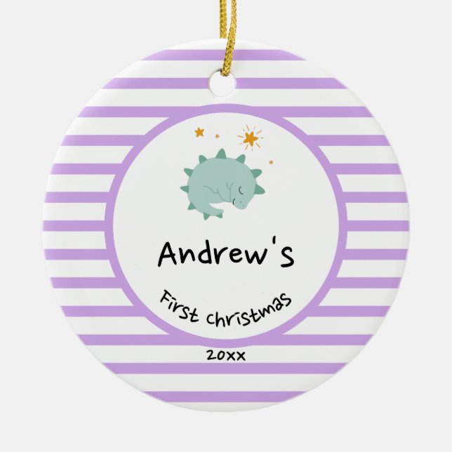 Blue Baby Dino | First Christmas Purple Stripe Ceramic Ornament (Front)
