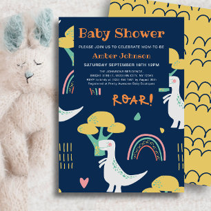 Blue Baby Dinosaur Rainbow Cute Baby Shower Invitation
