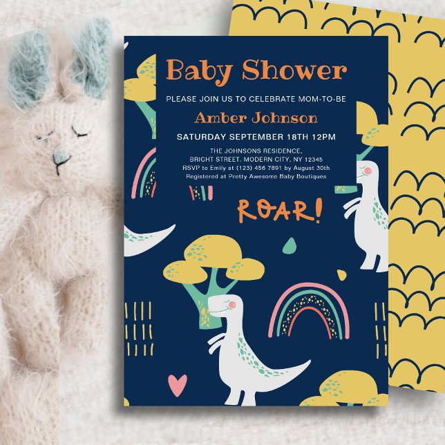 Blue Baby Dinosaur Rainbow Cute Baby Shower Invitation (Creator Uploaded)