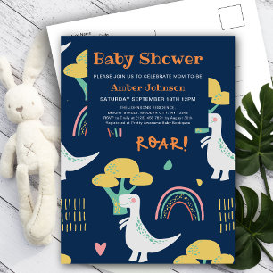 Blue Baby Dinosaur Rainbow Cute Baby Shower Invitation Postcard