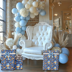 Blue Baby Dinosaur Yellow  & Blue Flowers Wrapping Paper