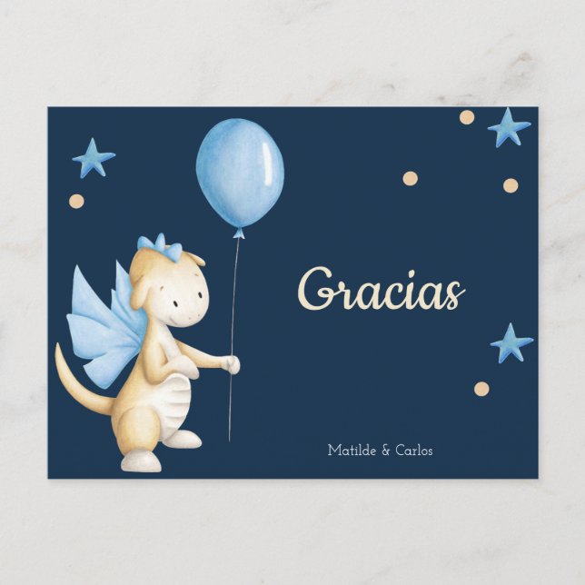 Blue Baby Dragon Spanish Thank You Baby Shower Postcard (Front)
