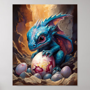 Blue Baby Dragon With Hatchling Poster