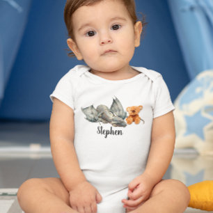 Blue Baby Dragon with Teddy Bear Baby Bodysuit