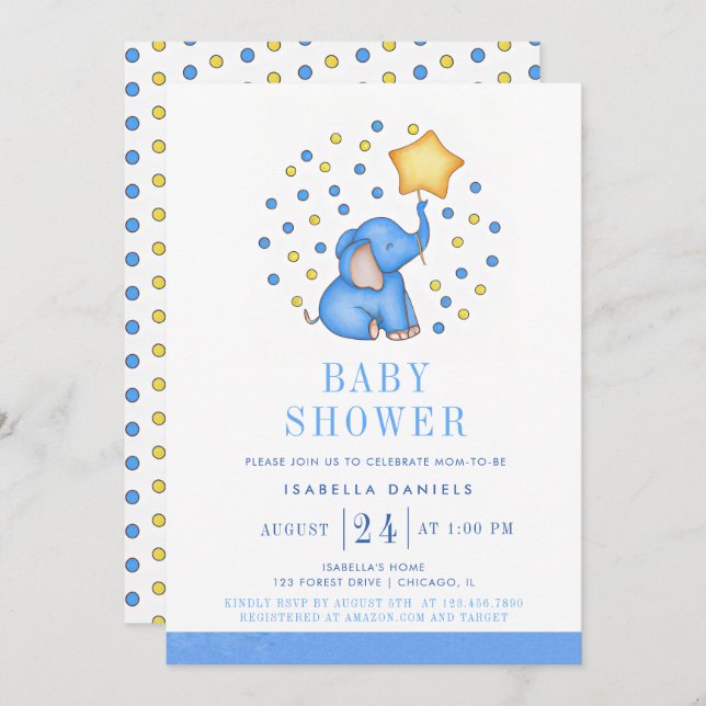 Blue Baby Elephant and Star Balloon Baby Shower Invitation (Front/Back)