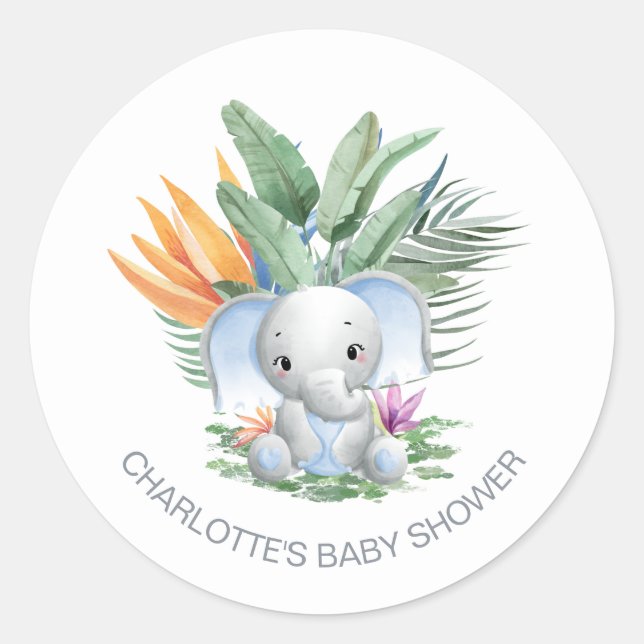 Blue Baby Elephant Boy Baby Shower Classic Round Sticker (Front)