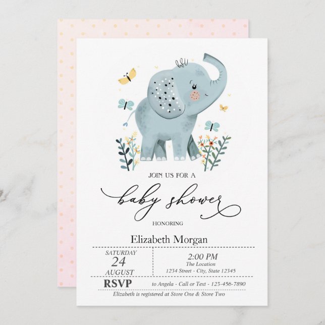 Blue Baby Elephant Butterfly Dots Baby Shower  Invitation (Front/Back)
