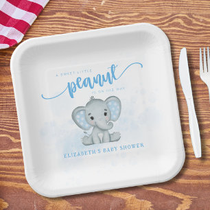 Blue Baby Elephant Little Peanut Baby Shower Paper Plate