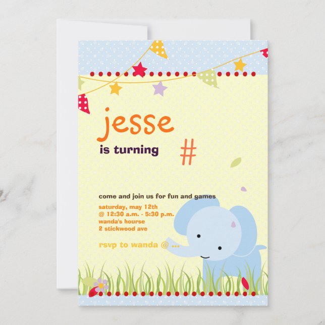 Blue Baby Elephant Personalised Party Invitation (Front)
