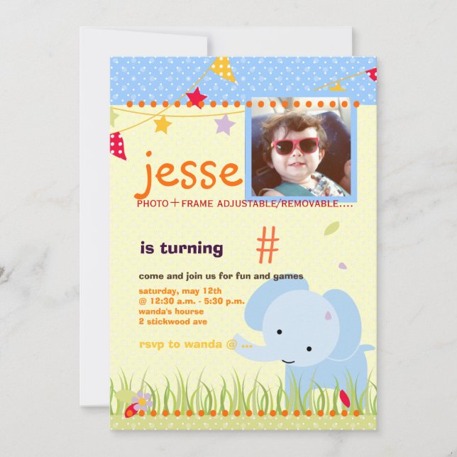 Blue Baby Elephant Personalised Party Invitation (Front)