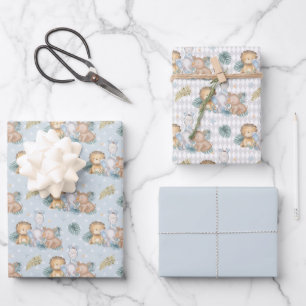 Blue Baby Elephant Rhino Lion  Wrapping Paper Sheet