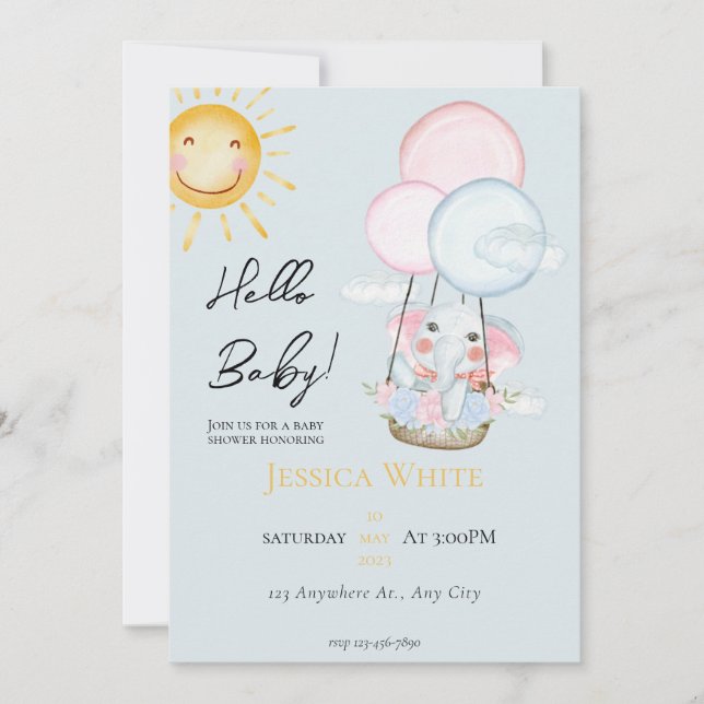 Blue Baby Elephant Theme Baby Shower Invitation (Front)