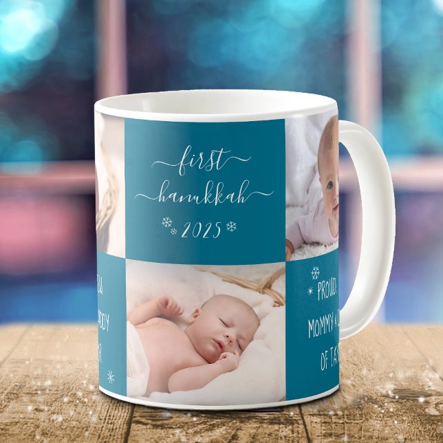 Blue Baby First Hanukkah New Mum Dad 4 Photo Name Coffee Mug (Creator Uploaded)