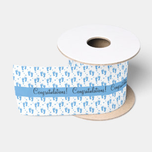 Blue Baby Footprints and Hearts Satin Ribbon