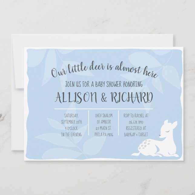 BLUE Baby Garden Deer Dear Baby Shower Invite (Front)