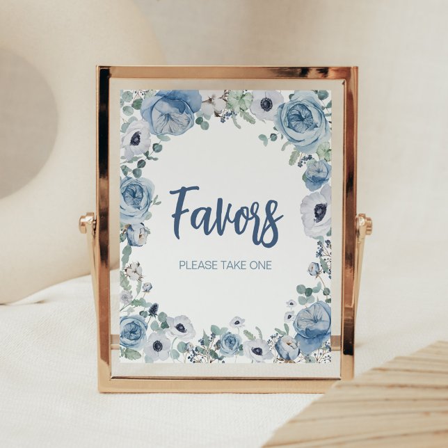 Blue Baby in Bloom Baby Shower Favours Poster (Dusty Blue Wildflower Baby Shower Favors Sign)