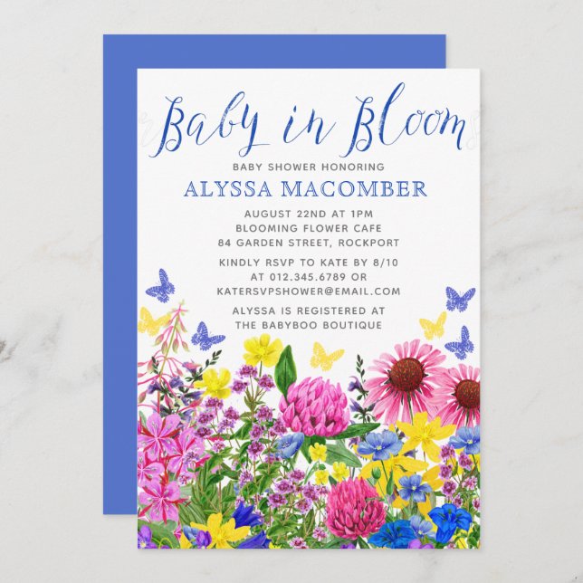 Blue Baby in Bloom Floral Baby Shower Invitation (Front/Back)