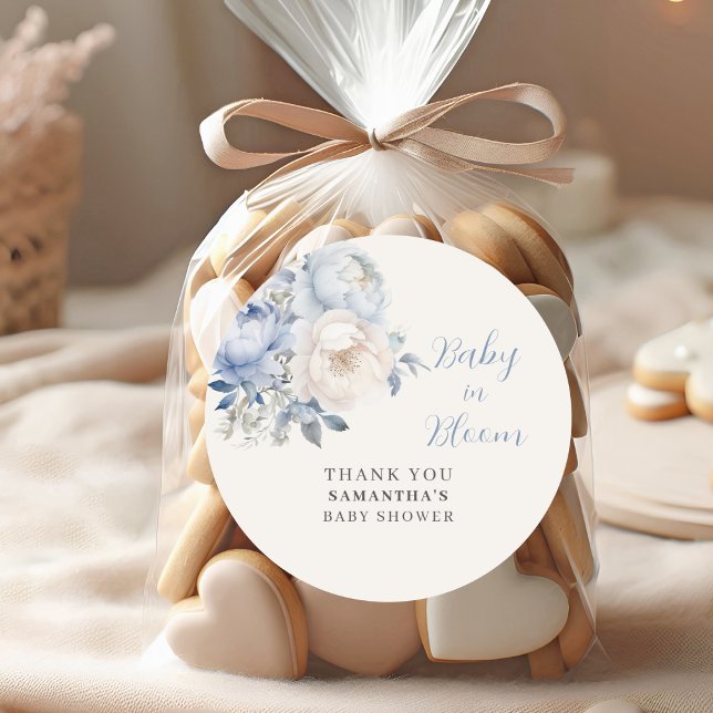 Blue Baby In Bloom Floral Boy Baby Shower  Classic Round Sticker (Creator Uploaded)