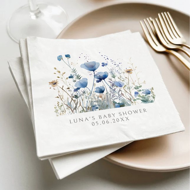 Blue Baby In Bloom Floral Wildflower Baby Shower Napkin (Creator Uploaded)