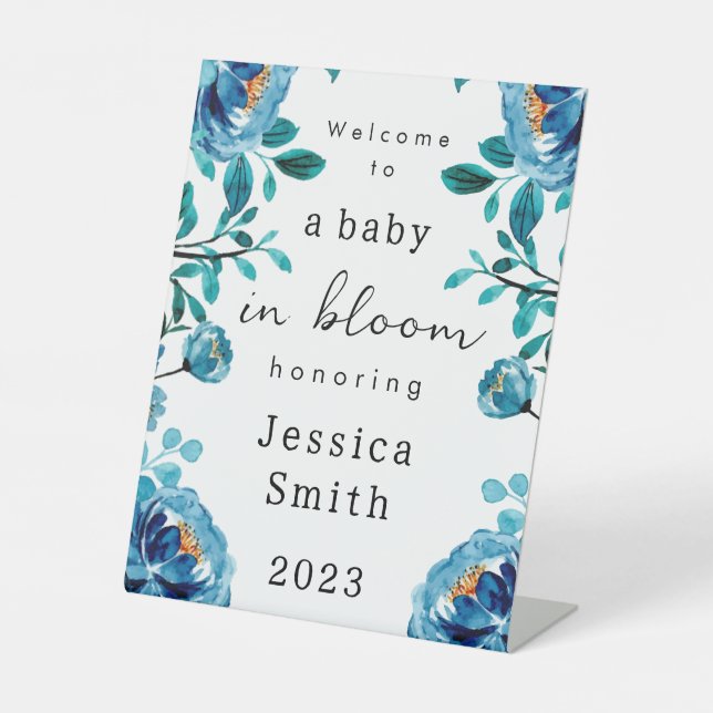 Blue "Baby in Bloom" Welcome Pedestal Sign (Front)