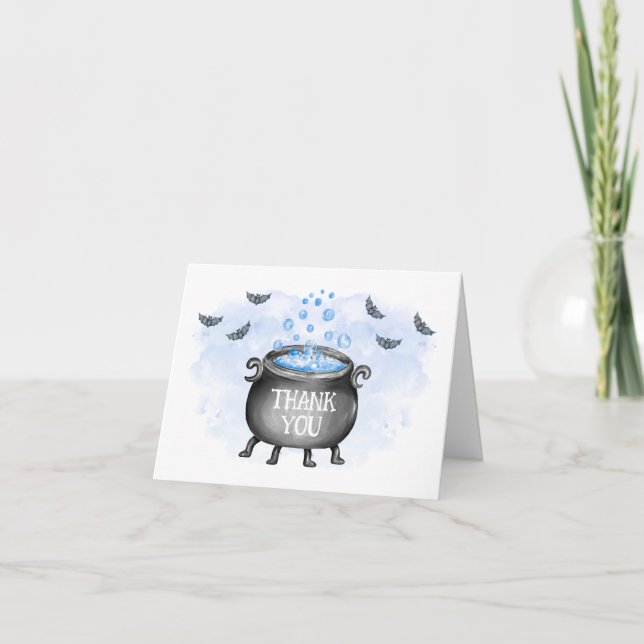 Blue Baby is Brewing Halloween Baby Shower Thank You Card (Front)