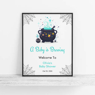Blue Baby is Brewing Halloween Baby Shower Welcome Poster