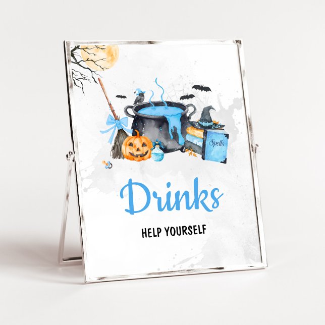 Blue Baby is Brewing Witch Drinks Sign (Boy Halloween Witch Baby Shower Drinks SIgn)