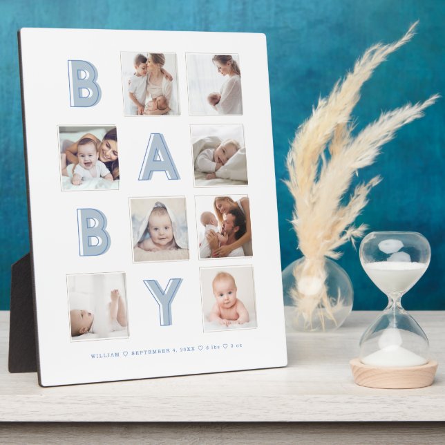 Blue Baby Letters Newborn Baby Photo Grid Collage Plaque (Side)