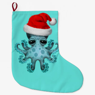 Blue Baby Octopus Wearing a Santa Hat Large Christmas Stocking