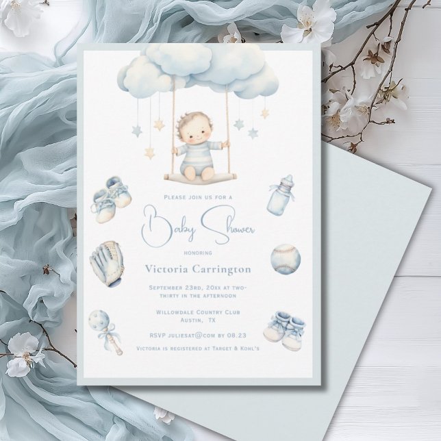 Blue Baby on Cloud Boy Baby Shower Invitation (Creator Uploaded)